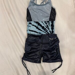 Blue and Black Tie-Dye Tank Top and Shorts Set